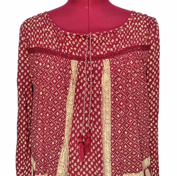 Lucky Brand Ditsy Flower Print Peasant Red Tassel Medium Blouse Top - Picture 5 of 15